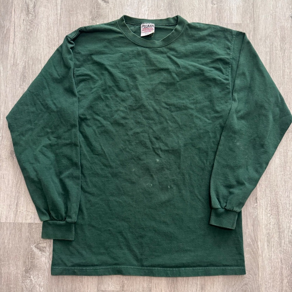 Vintage blank Pluma Mens Cotton Long Sleeve T-Shirt Green Size Medium